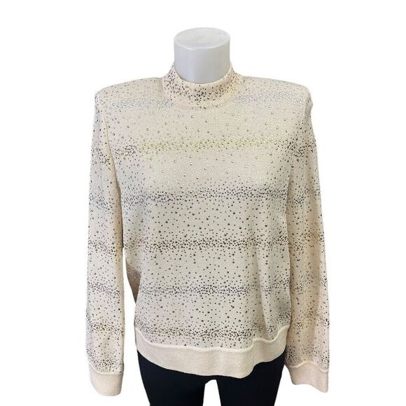 St. John Evening Embellished‎ Gold Silver Cream Mock Neck Sweater Size M Vintage - Picture 1 of 11
